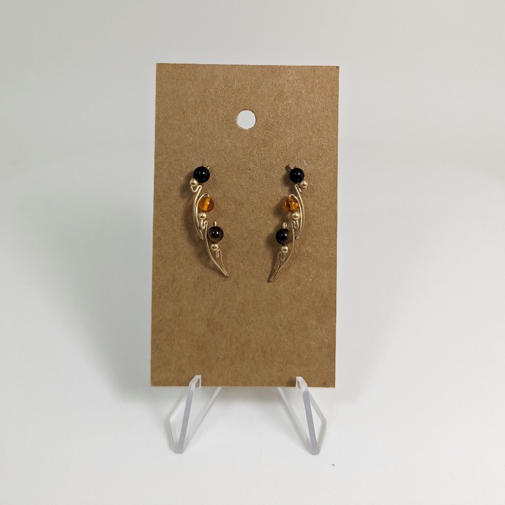 Gorgeous Tiger Eye, Amber, Black Onyx Beaded Earrings, Ear Vines, Jewelry